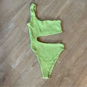 Naked Wardrobe Lime Green Textured ruched smocked one shoulder one piece, size m